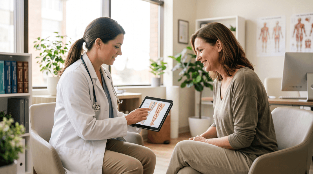 a smiling female patient having a consultation with a doctor in a modern, well-lit medical clinic